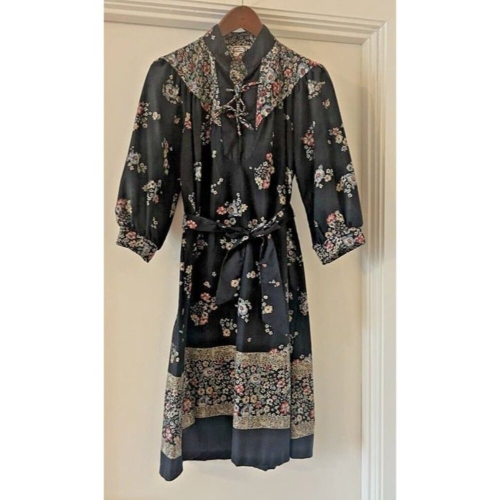 Vtg Rare 70's Wom Sz 13 Floral Boho Cottage Core PLAIN JANE SF Black Midi Dress